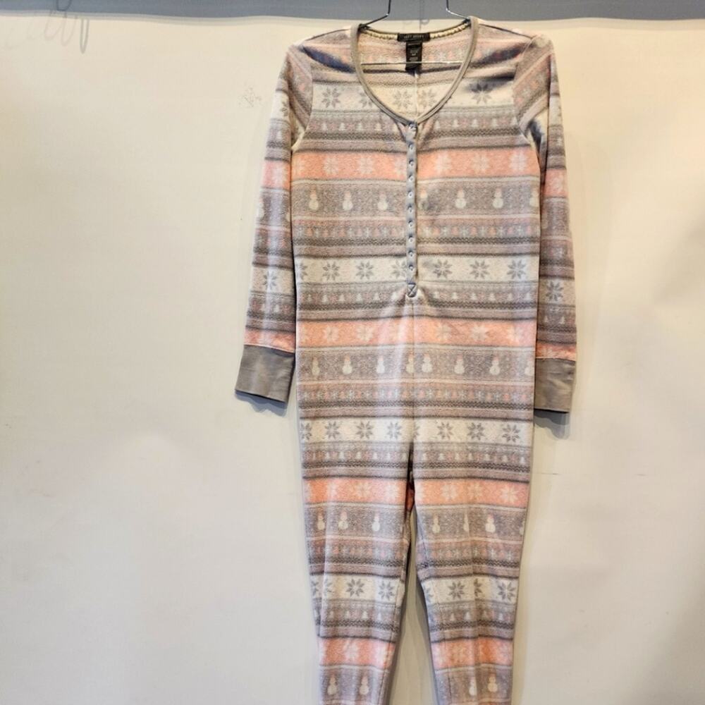 Suzy Shier Cozy Jumpsuit Pajamas Snowman Snap Pink Gray‎ Women's Gifts Size S
